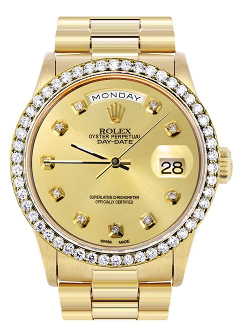 gold rolex day date with diamonds|gold Rolex with diamond bezel.